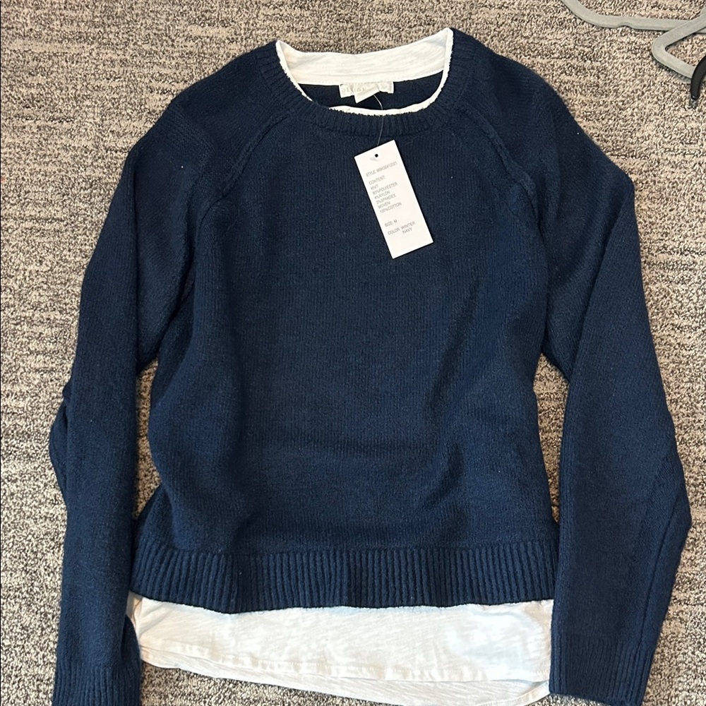 NWT: Design History Deep Blue Crew Neck Sweater with white undershirt